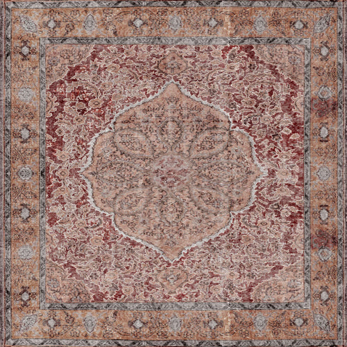 Load image 1 in gallery view. The Baroque Charm - Washable Rug (JRN1016) showcases a vintage-inspired Persian medallion in muted reds, tans, and creams, accented by elaborate floral motifs and a detailed border in coordinating earthy tones.