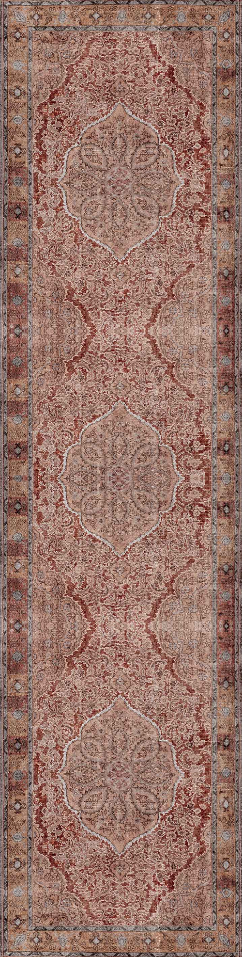 Load image 1 in gallery view. The Baroque Charm - Washable Rug - JRN1016 is a rectangular, vintage-inspired rug with a faded red and beige medallion design, three large central shapes, and detailed decorative borders.