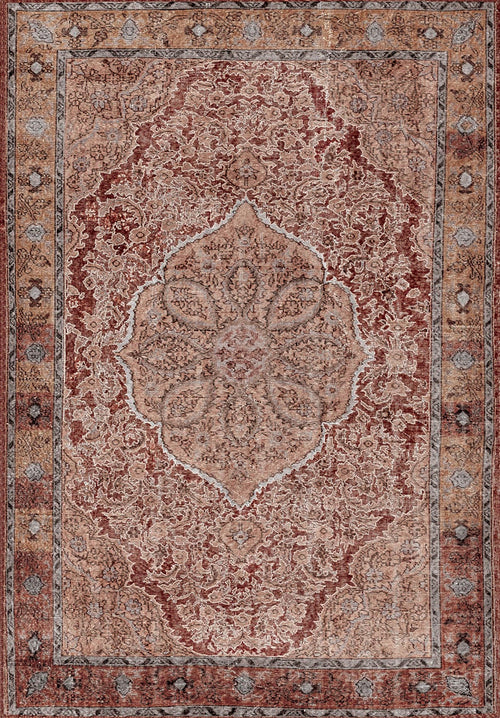 Load image 1 in gallery view. The Baroque Charm - Washable Rug - JRN1016 (Custom Size) is a vintage-inspired rectangular rug with an intricate beige, red, and brown floral pattern, a large central medallion, and a detailed decorative border.