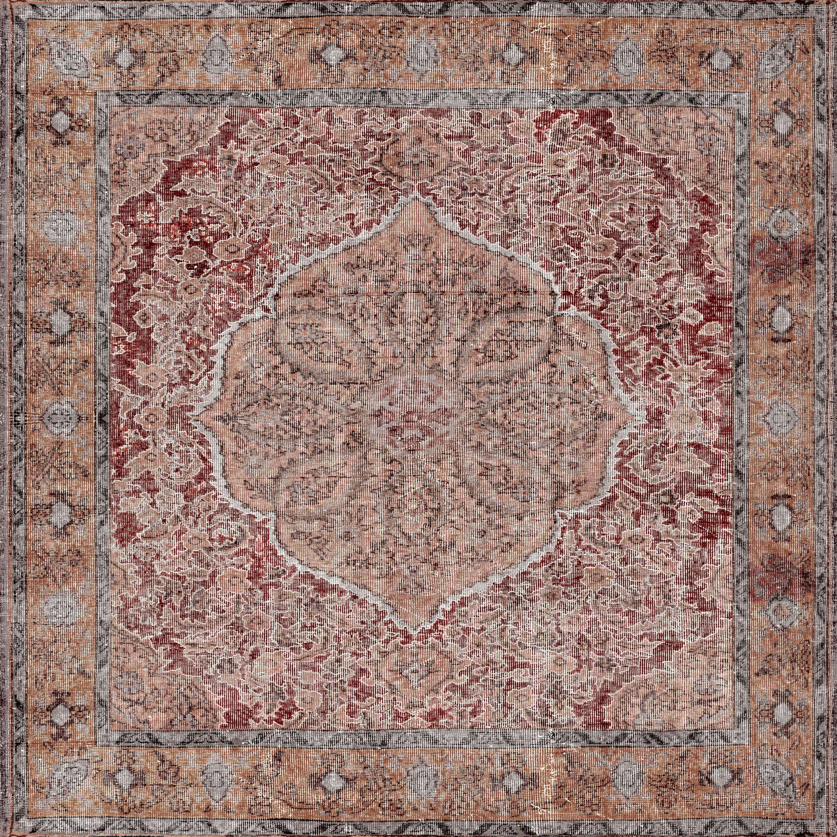 The Baroque Charm - Washable Rug - JRN1016 (Custom Size) features an ornate vintage-inspired design with intricate red, beige, and gray floral patterns, a large central medallion, and a detailed border.