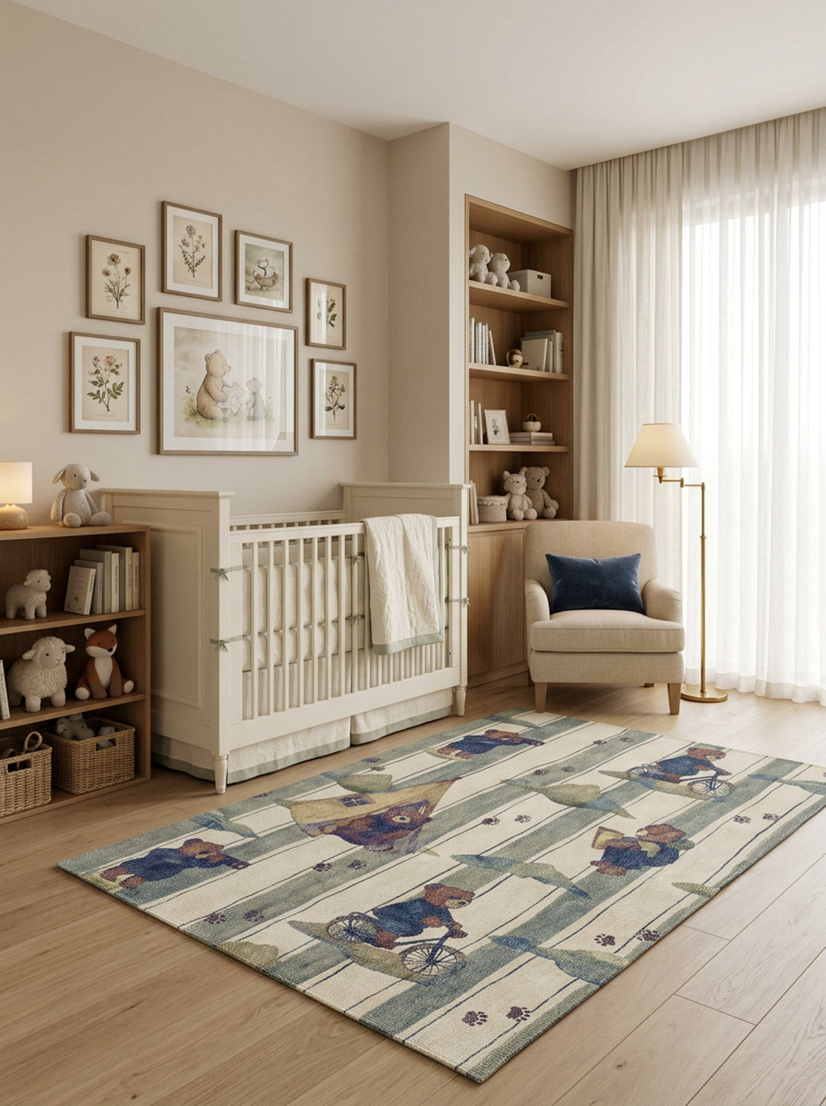 Cream and blue rug with a repeating pattern of teddy bears riding bicycles, styled in a nursery.