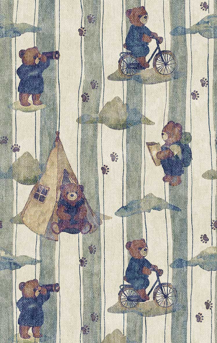 Cream rug with vertical blue stripes, featuring teddy bears camping, cycling, and hiking, accented with paw prints.