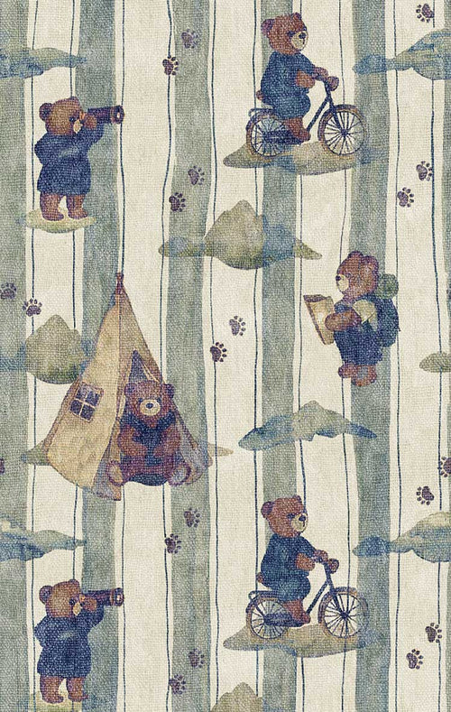Load image 1 in gallery view. Cream rug with vertical blue stripes, featuring teddy bears camping, cycling, and hiking, accented with paw prints.