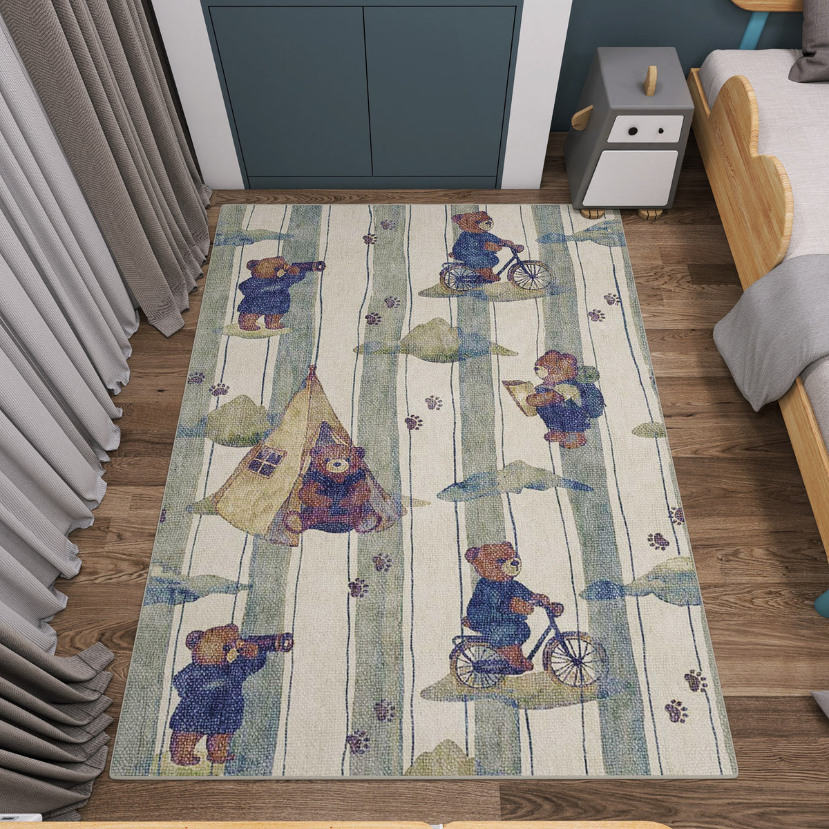 Cream rug with vertical stripes and teddy bear camping motifs, styled in a child's bedroom.