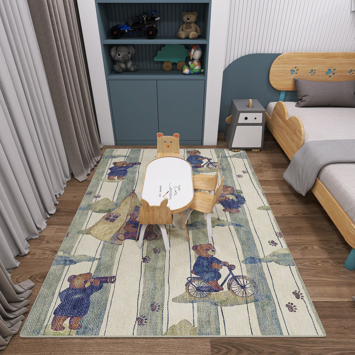 Cream rug with vertical stripes and teddy bear illustrations, styled in a children's bedroom.