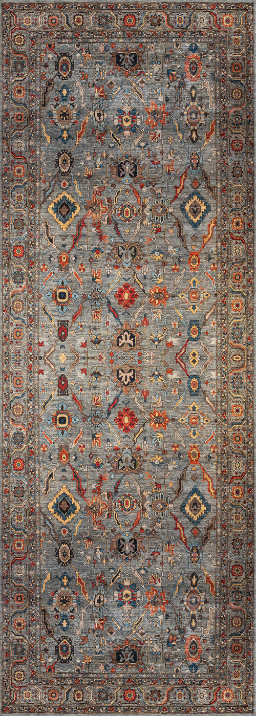 Load image 1 in gallery view. The Bellaris Gray Washable Rug - LCC3003 is a rectangular rug with an intricate geometric and floral pattern in blue, red, gold, and cream, detailed border, symmetrical design, and ideal for allergy-sensitive spaces.