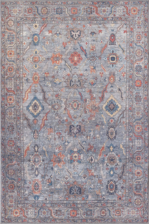 Load image 1 in gallery view. The Bellaris Gray Washable Rug - LCC3003 (Custom Size) features a rectangular flat weave with an intricate traditional pattern in blue, orange, beige, and red. Its geometric shapes and floral motifs make it an allergy-friendly rug option.