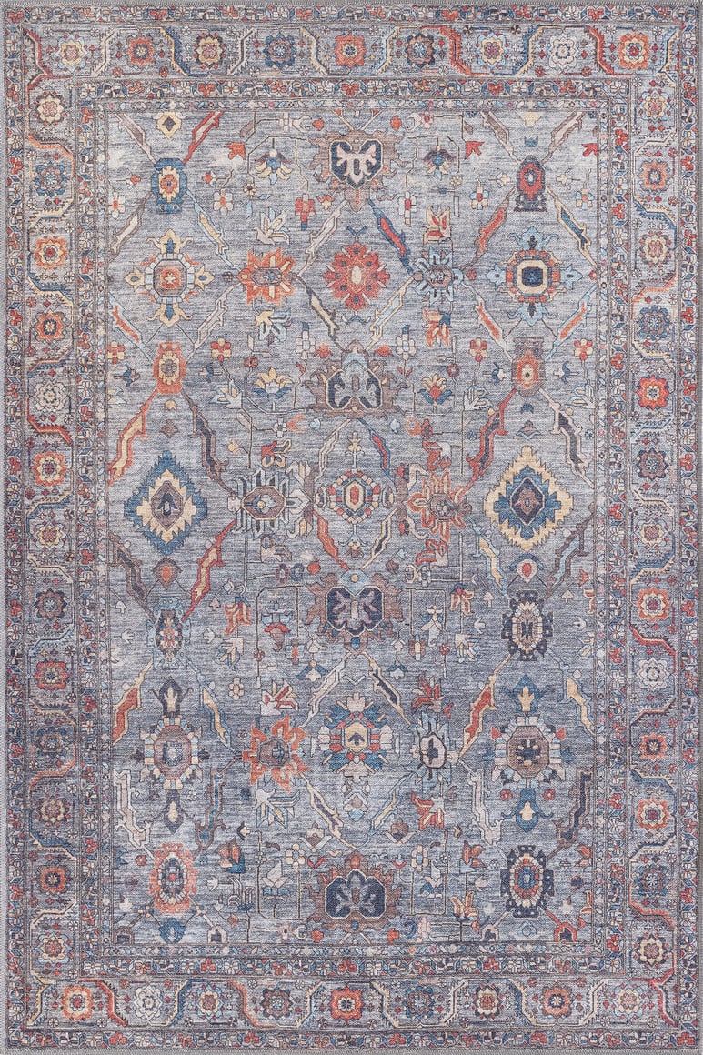 The Bellaris Gray Washable Rug - LCC3003 (Custom Size) features a rectangular flat weave with an intricate traditional pattern in blue, orange, beige, and red. Its geometric shapes and floral motifs make it an allergy-friendly rug option.