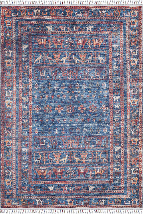 Load image 1 in gallery view. The Berber Beauty - Washable Rug - JR5092 (Custom Size) is a rectangular blue rug featuring intricate geometric and animal patterns in red, beige, and white with decorative borders and fringe on both short edges—ideal for high-traffic areas.