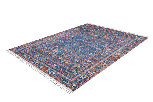 Load image 1 in gallery view. The Berber Beauty - Washable Rug - JR5092 features a rectangular blue design with red, ivory, and gold geometric patterns and fringed edges—ideal for high-traffic areas and easy to clean. Custom sizes available.