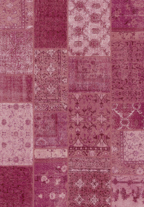 Load image 1 in gallery view. The Berry Patchwork - Washable Rug (JRN1040) showcases intricate vintage-style patterns in pink, magenta, and burgundy. Its rectangular patches feature unique floral and geometric designs—perfect for high-traffic areas.