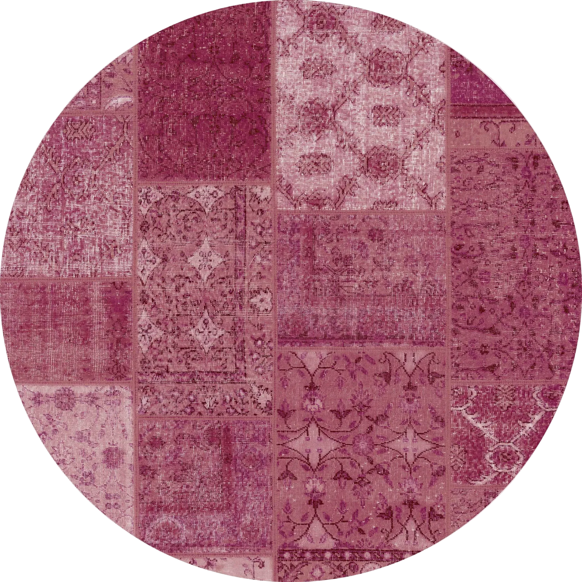 Berry Patchwork - Washable Rug (JRN1040) is a round rug with pink and purple patchwork, each rectangle featuring intricate patterns. Ideal for allergy-sensitive homes and high-traffic areas, it's easy to wash and maintain.