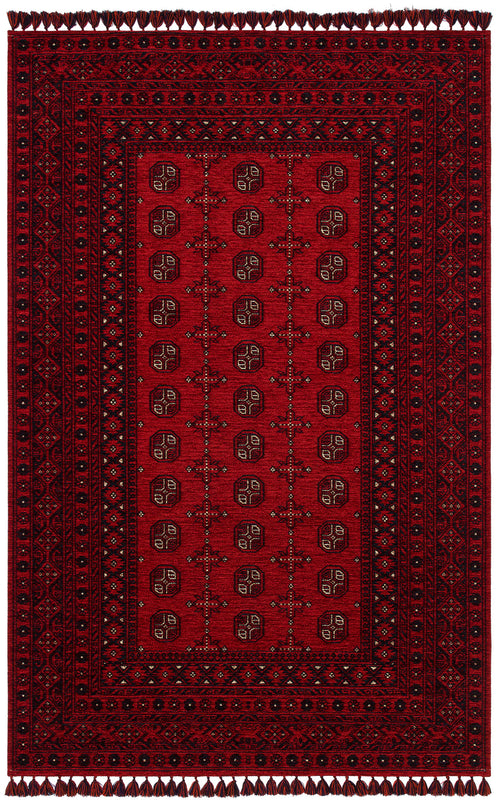 Load image 1 in gallery view. The Berry Pattern - Kilim - BHR04 is a red, machine-made Turkish rug with geometric designs, a central field of black and white octagonal motifs, detailed borders, and tassels on the short edges