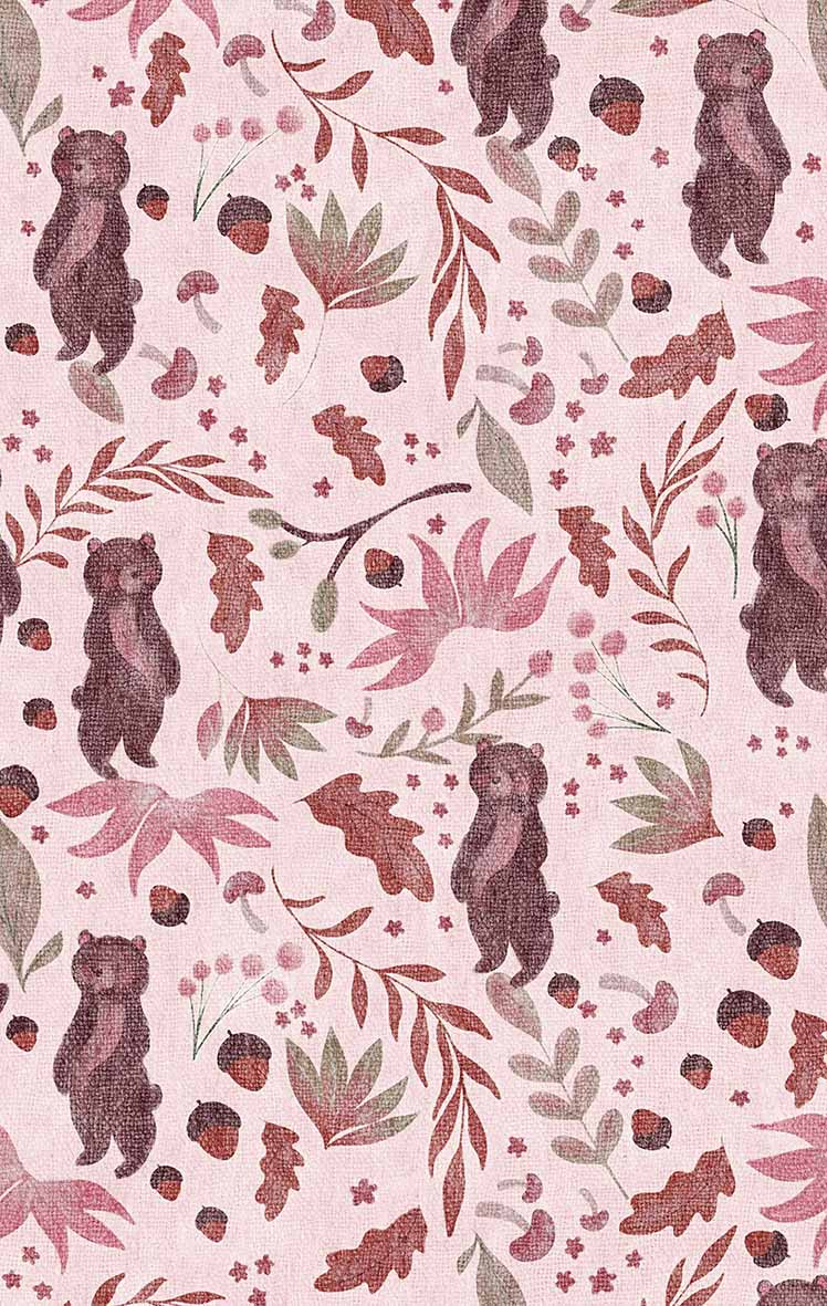 Light pink rug featuring a repeating pattern of brown bears, acorns, mushrooms, and autumn leaves.