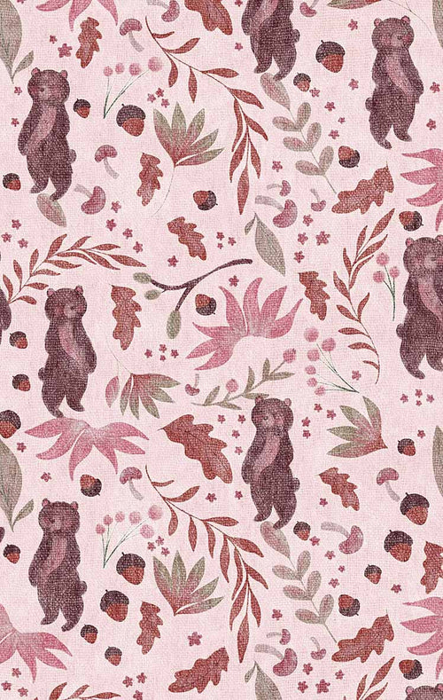 Load image 1 in gallery view. Light pink rug featuring a repeating pattern of brown bears, acorns, mushrooms, and autumn leaves.