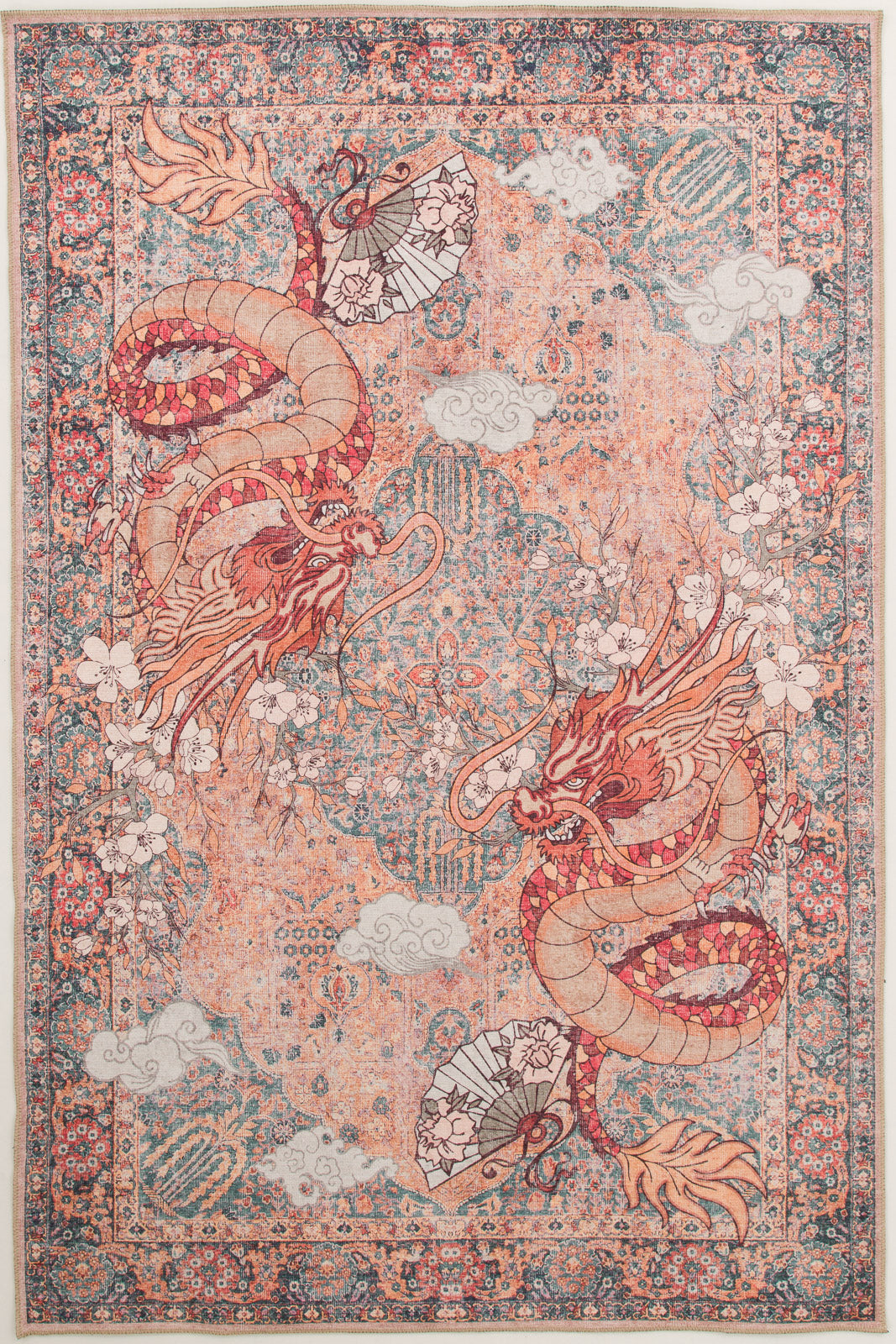 The Blazefang Myth - Washable Rug (JR0049) showcases two bold red and orange dragons facing each other, set amid clouds, flowers, and geometric motifs in a detailed Asian-inspired design on a pink-toned background.