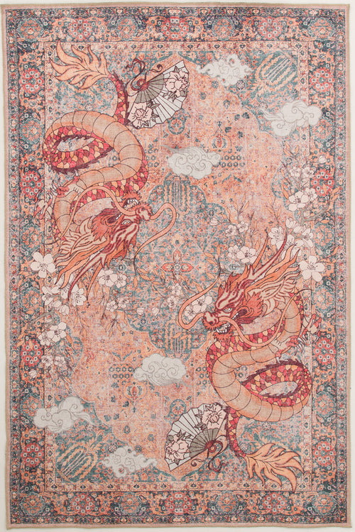Bild 1 in Galerieansicht laden. The Blazefang Myth - Washable Rug (JR0049) showcases two bold red and orange dragons facing each other, set amid clouds, flowers, and geometric motifs in a detailed Asian-inspired design on a pink-toned background.