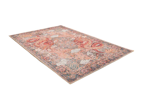 Bild 1 in Galerieansicht laden. The Blazefang Myth - Washable Rug (JR0049) is a rectangular Oriental-style flat weave rug featuring two large red dragons, clouds, and floral motifs in muted pink, blue, and cream on a white background.