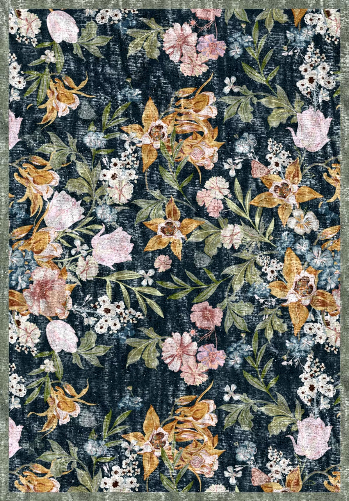 The Bloom Garden - Washable Rug - JRN1039 (Custom Size) features a dark background with vintage-style pink, peach, and white florals, green leaves, and earthy tones—an elegant flat weave to add timeless charm to any space.