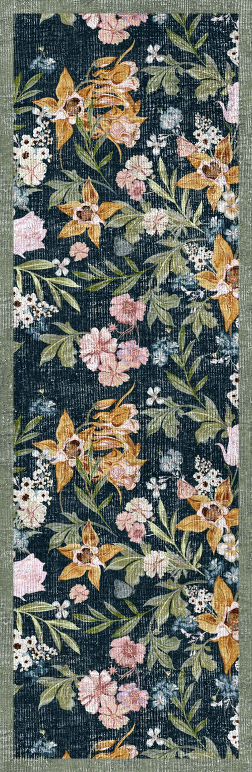 Load image 1 in gallery view. The Bloom Garden - Washable Rug - JRN1039 (Custom Size) features orange, pink, and white floral patterns with green leaves on a dark background, finished with a textured green border.