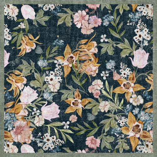 Load image 1 in gallery view. The Bloom Garden - Washable Rug - JRN1039 (Custom Size) is a square flat weave rug with a vintage floral pattern of pink and yellow flowers, green leaves, and white blossoms on a dark background, finished with a textured green border.