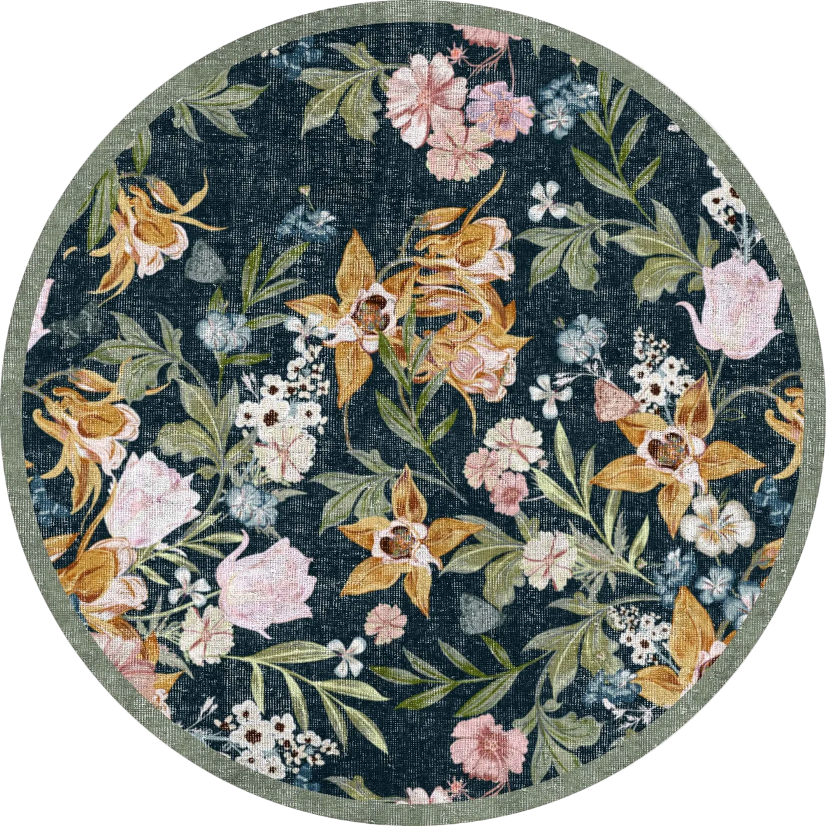 The Bloom Garden - Washable Rug - JRN1039 (Custom Size) is a round, washable rug with a dark background and vintage floral patterns in pink, yellow, white, and green, finished with a light gray border.