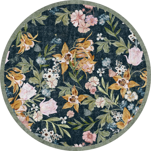 Load image 1 in gallery view. The Bloom Garden - Washable Rug - JRN1039 (Custom Size) is a round, washable rug with a dark background and vintage floral patterns in pink, yellow, white, and green, finished with a light gray border.