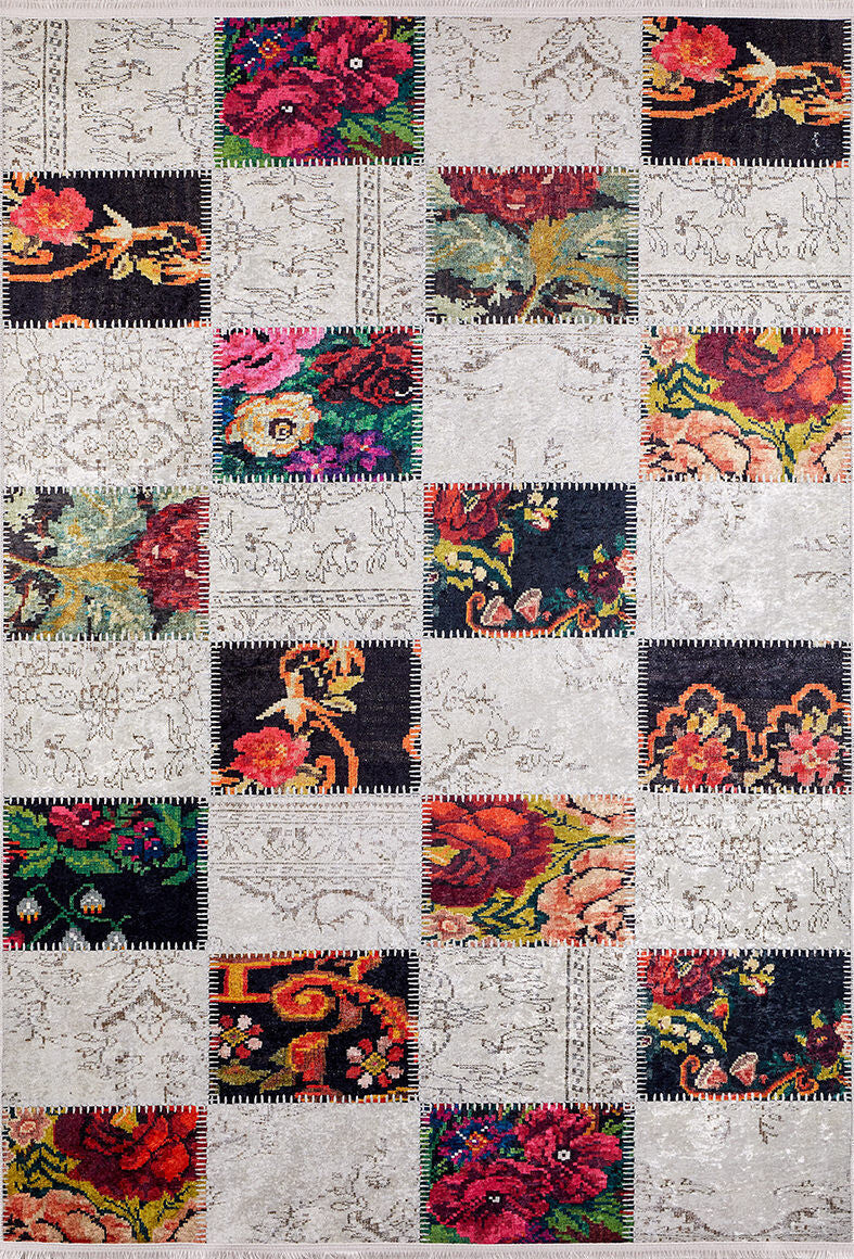 The Blooming Paradise - Washable Rug - JR188 (Custom Size) features bold floral patterns in vibrant reds, pinks, and greens with light, intricately stitched designs on a neutral background—perfect for brightening any high-traffic area.