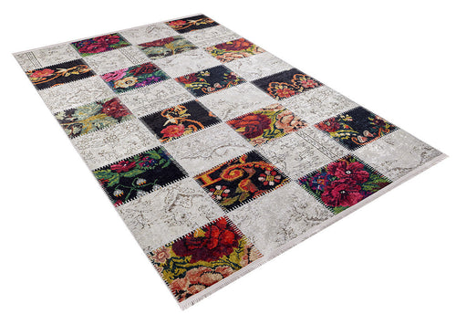 Load image 1 in gallery view. The Blooming Paradise - Washable Rug - JR188 (Custom Size) features a vibrant patchwork of floral and neutral textured squares in a grid layout on white, making it perfect for high-traffic areas.
