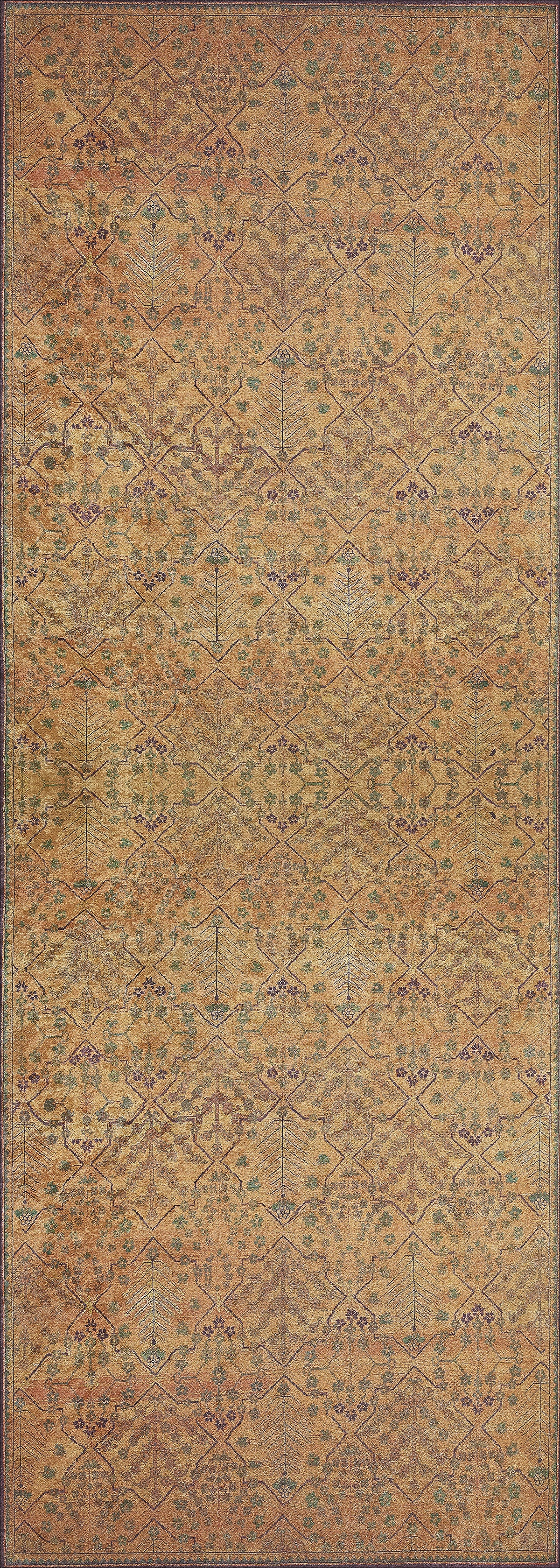 The Blossom Breeze - Washable Rug - JR1752 is a vintage-style orange rug with a faded gold background, showcasing an intricate floral and geometric pattern with flat weave, plus subtle green and purple accents for extra charm.