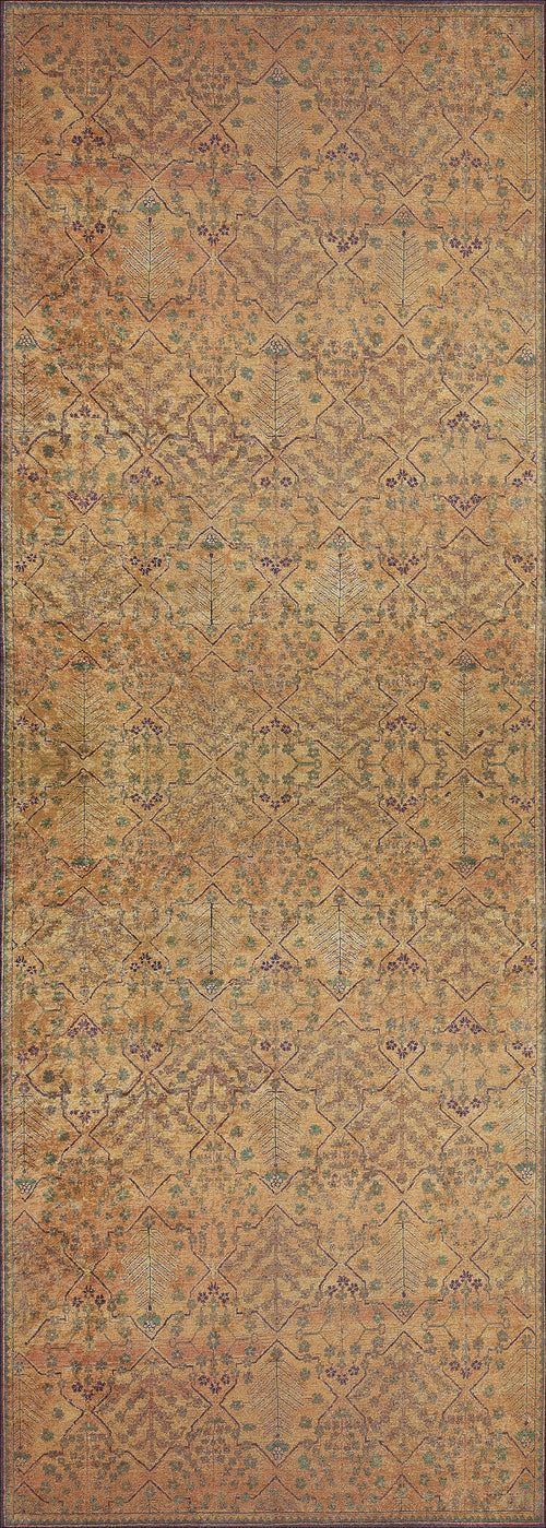 Load image 1 in gallery view. The Blossom Breeze - Washable Rug - JR1752 is a vintage-style orange rug with a faded gold background, showcasing an intricate floral and geometric pattern with flat weave, plus subtle green and purple accents for extra charm.
