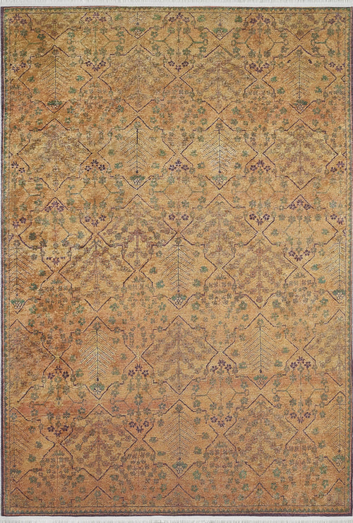 Load image 1 in gallery view. The Blossom Breeze - Washable Rug - JR1752 (Custom Size) features a golden-yellow base with intricate geometric and floral patterns in brown, green, and purple tones. Its large, ornate design is ideal for high-traffic areas and provides a subtle, weathered texture.