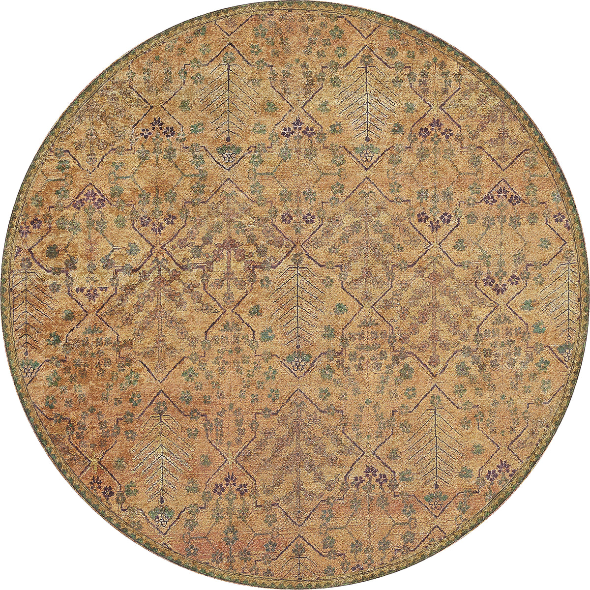 Blossom Breeze - Washable Rug - JR1752 features an intricate vintage-inspired pattern in muted tans, golds, greens, and hints of purple with geometric lines, leaf motifs, and floral accents—perfect for high-traffic spaces. Custom sizes available.