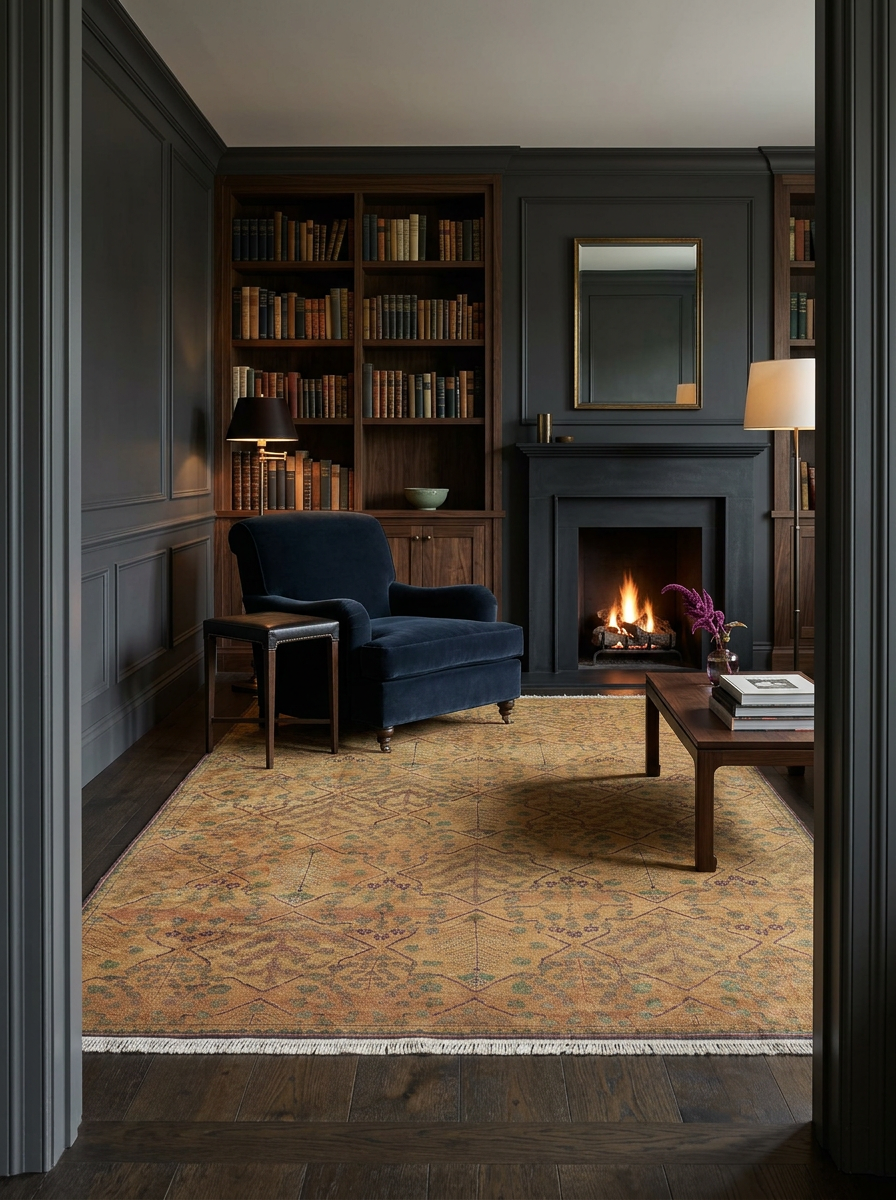 Mustard yellow traditional rug with a faded floral medallion pattern, styled in a dark, wood-paneled library.