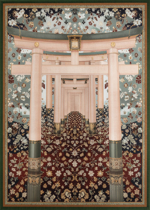 Load image 1 in gallery view. The Blossom Path - Washable Rug - JRS021 features stylized Japanese torii gates in soft pinks, receding over an ornate floral design—rich colors and intricate details add life to modern interiors.