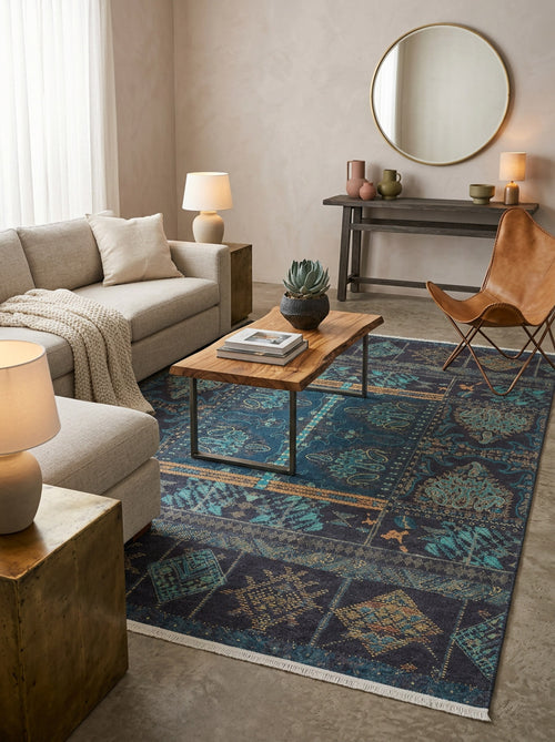 Load image 1 in gallery view. A modern living room with neutral walls, a light sofa, the Blossoming Bazaar Washable Rug (JR1862) ideal for high-traffic areas, a wooden coffee table with decor, a leather accent chair, lamps, a console with vases, and a round wall mirror.