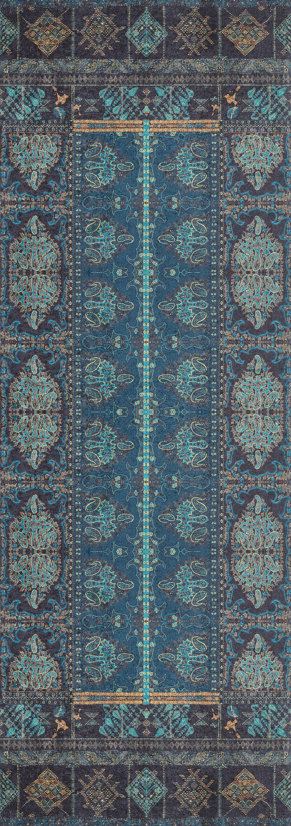 The Blossoming Bazaar - Washable Rug - JR1862 is a rectangular, ornate blue rug with intricate floral and geometric patterns in blue, turquoise, and gold—perfect for high-traffic areas and easy to clean.