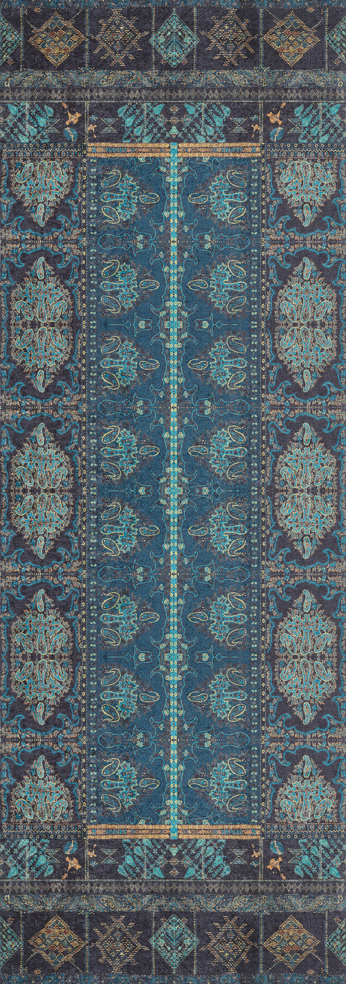 Load image 1 in gallery view. The Blossoming Bazaar - Washable Rug - JR1862 is a rectangular, ornate blue rug with intricate floral and geometric patterns in blue, turquoise, and gold—perfect for high-traffic areas and easy to clean.