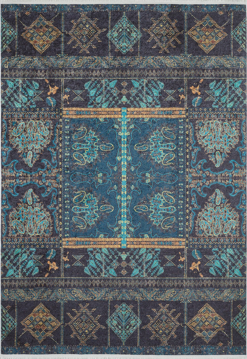 Load image 1 in gallery view. The Blossoming Bazaar - Washable Rug - JR1862 (Custom Size) features intricate blue, teal, and gold geometric and floral patterns with a central medallion. Its washable design is perfect for high-traffic areas, offering elegance and durability.