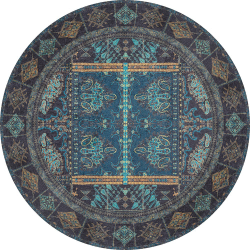 Load image 1 in gallery view. The Blossoming Bazaar - Washable Rug - JR1862 (Custom Size) features an ornate, symmetrical pattern in blue, teal, gold, and dark hues with geometric borders—ideal for high-traffic spaces seeking traditional Persian style in a washable round rug.