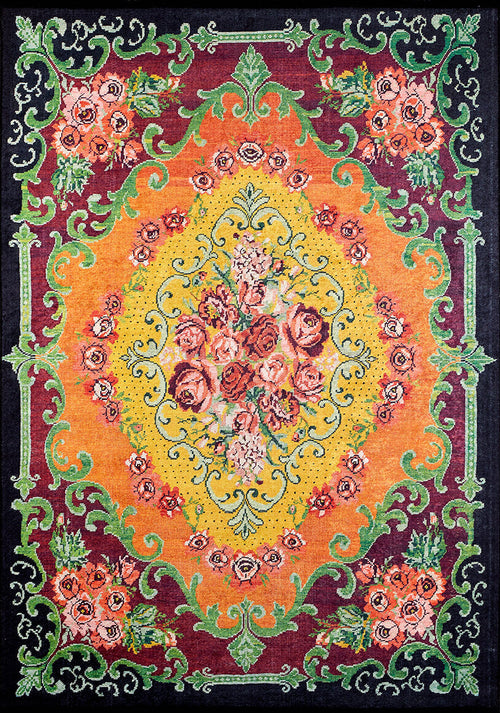 Bild 1 in Galerieansicht laden. Blossoming Garden - Washable Rug - JR150: A Persian-style, multicolor rug with central roses and greenery on a yellow-orange background, maroon and green borders—washable and ideal for allergy-sensitive homes. Custom sizes available.