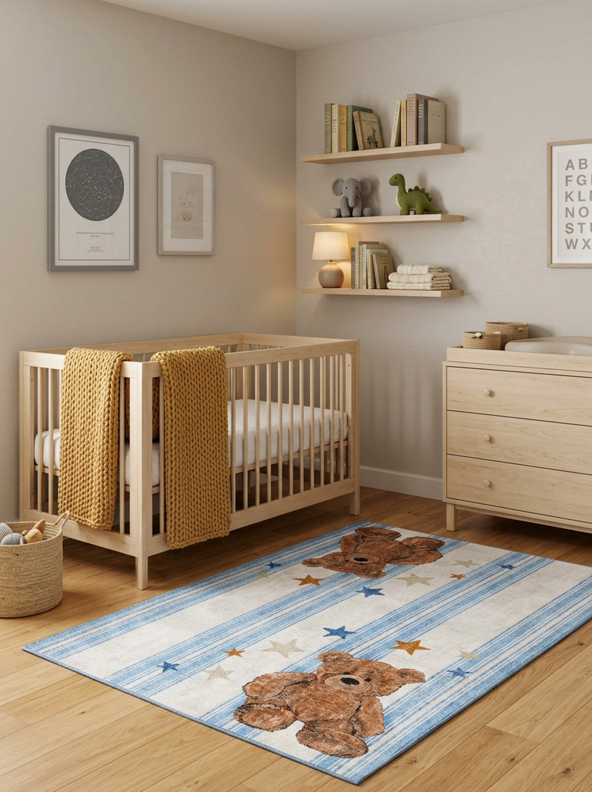 Blue and white striped rug with teddy bear and star motifs, styled in a nursery.
