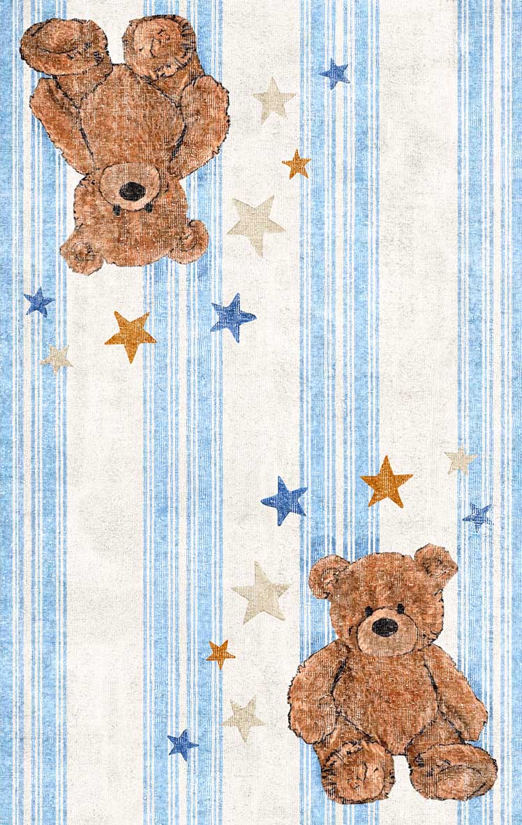 Blue and white striped rug featuring brown teddy bears and scattered gold and blue stars.