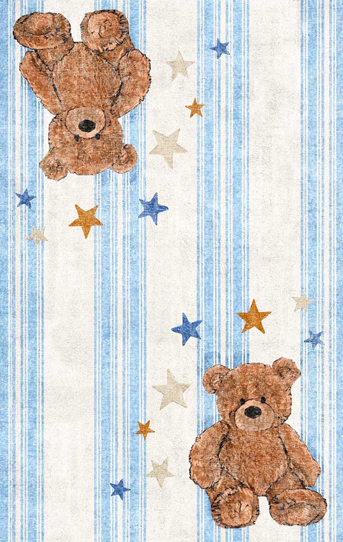 Load image 1 in gallery view. Blue and white striped rug featuring brown teddy bears and scattered gold and blue stars.