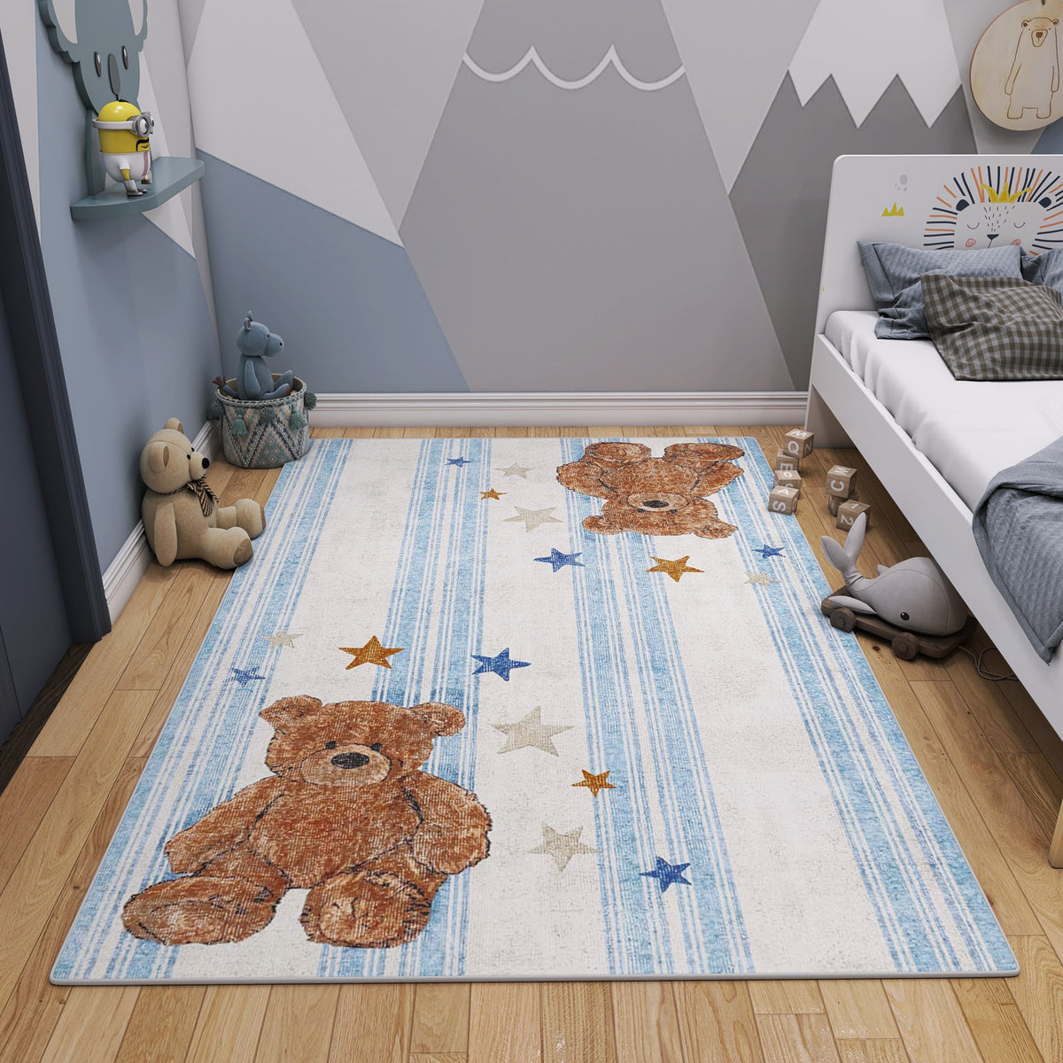 White and blue striped rug with teddy bear and star motifs, styled in a children's bedroom.