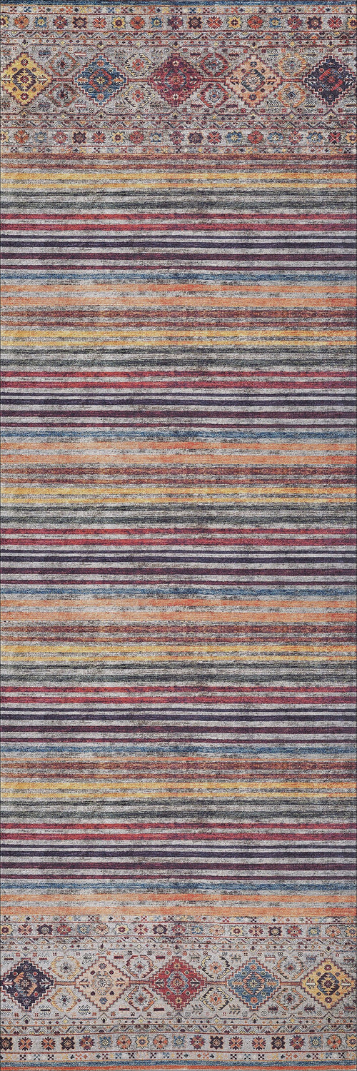 Load image 1 in gallery view. The Bohemian Bouquet - Washable Rug - JR5090 features multicolor horizontal stripes in red, blue, yellow, and gray with geometric borders and diamond motifs—perfect for easy care.