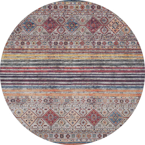 Load image 1 in gallery view. The Bohemian Bouquet - Washable Rug - JR5090 showcases multicolor geometric and floral patterns in red, blue, yellow, and beige, accented by central horizontal stripes and ornate borders for a vibrant look.