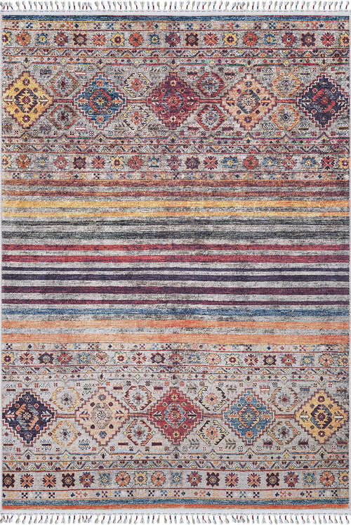 Load image 1 in gallery view. The Bohemian Bouquet - Washable Rug - JR5090 (Custom Size) features geometric and floral motifs in reds, blues, yellows, and neutrals with horizontal stripes, diamond shapes, and fringed edges—a stylish washable rug for any space.