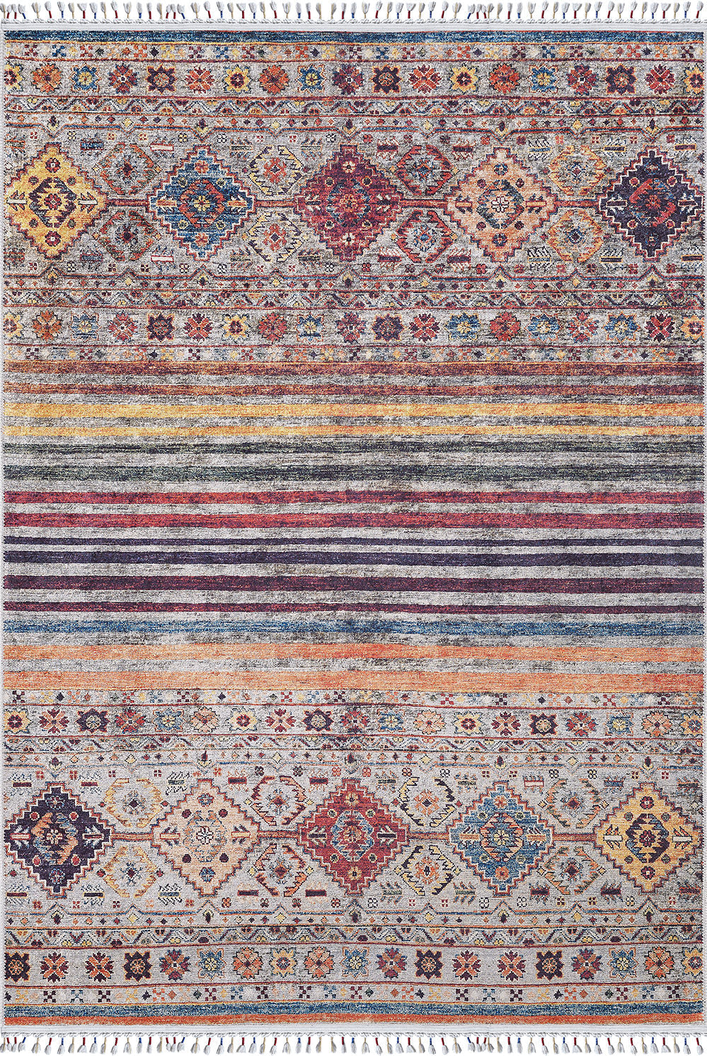 The Bohemian Bouquet - Washable Rug - JR5090 (Custom Size) features geometric and floral motifs in reds, blues, yellows, and neutrals with horizontal stripes, diamond shapes, and fringed edges—a stylish washable rug for any space.