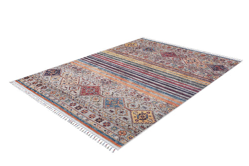 Load image 1 in gallery view. The Bohemian Bouquet - Washable Rug - JR5090 (Custom Size) is a rectangular flat weave rug with an intricate multicolor geometric and floral pattern, featuring stripes, diamonds in vibrant colors, and white fringe on the short edges.